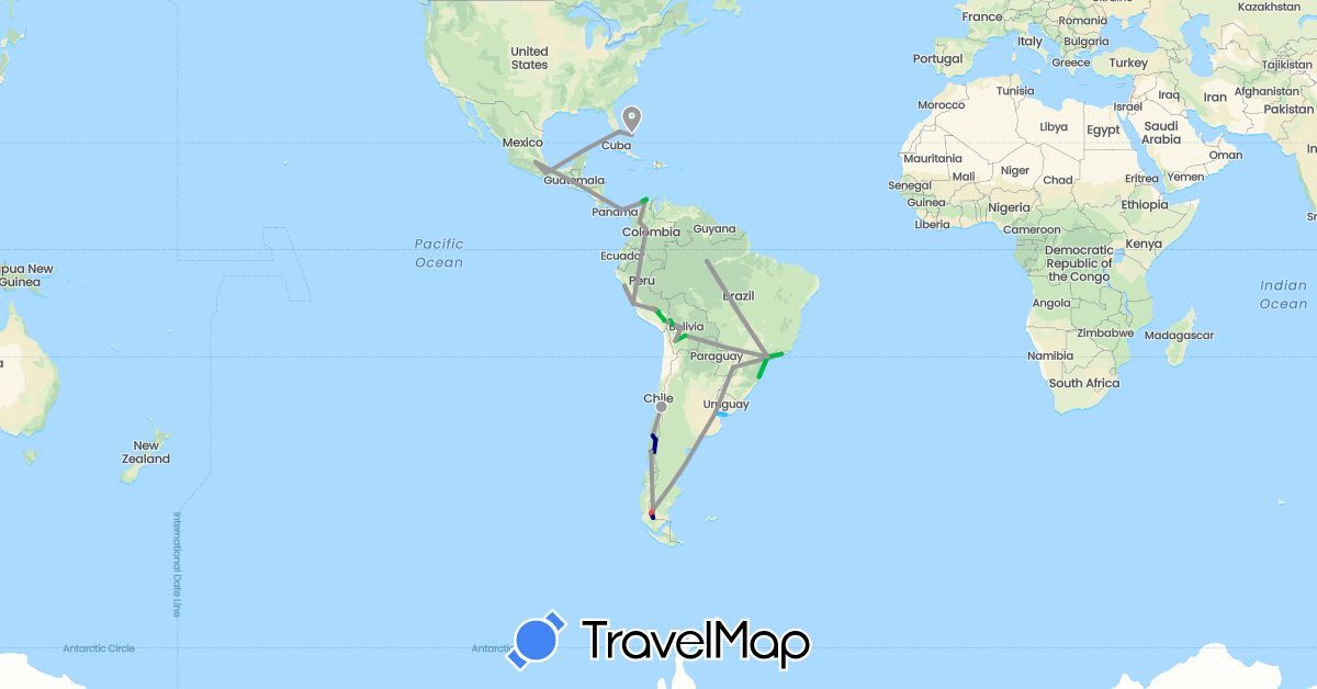 TravelMap itinerary: driving, bus, plane, hiking, boat in Argentina, Bolivia, Brazil, Bahamas, Chile, Colombia, Mexico, Panama, Peru, United States, Uruguay (North America, South America)